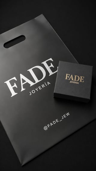 Fade Joyeria luxury jewelry packaging featuring a black shopping bag and small gift box with gold branding on dark surface