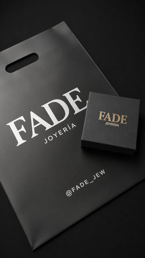 Fade Joyeria luxury jewelry packaging featuring a black shopping bag and small gift box with gold branding on dark surface