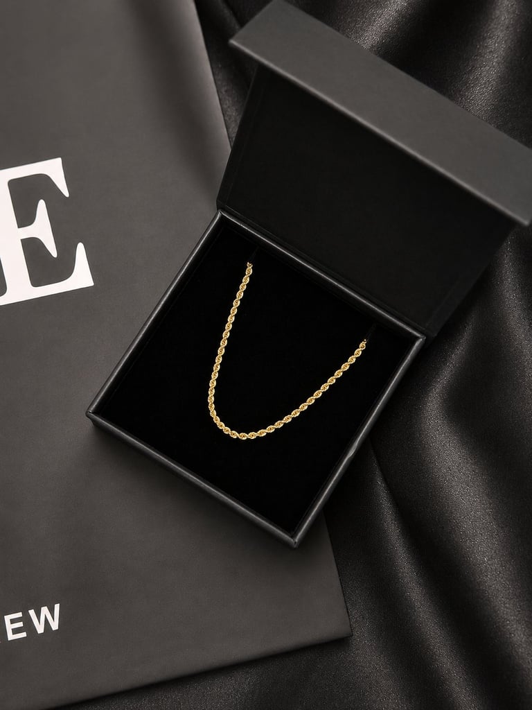 Gold rope chain necklace in open black gift box on dark silk fabric with branded packaging